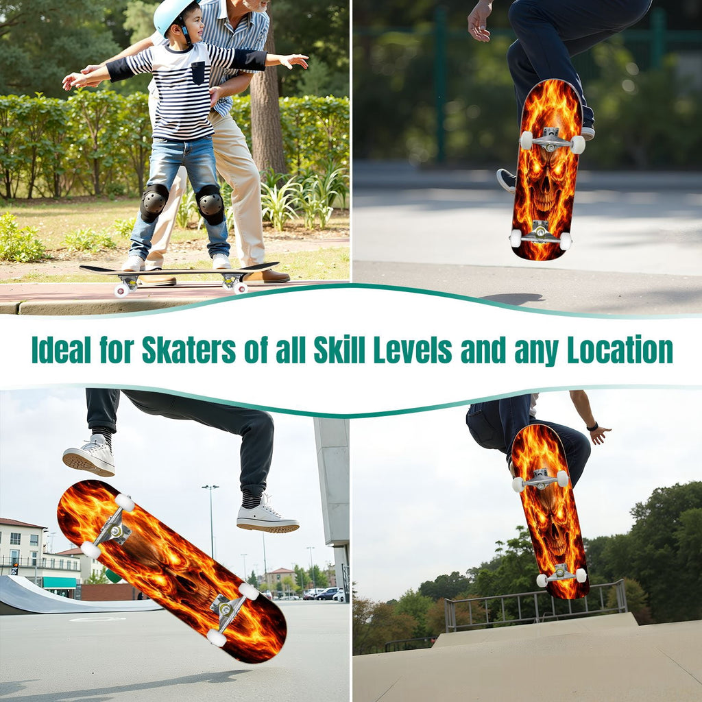 31"x8" Flaming Skull fire Complete Skateboard for Beginners Glowing Eyes Fire Skeleton Dark 7 Layer Maple Deck Double Kick Kids Skateboard with 85A PU Wheels Gifts for Kids Teens