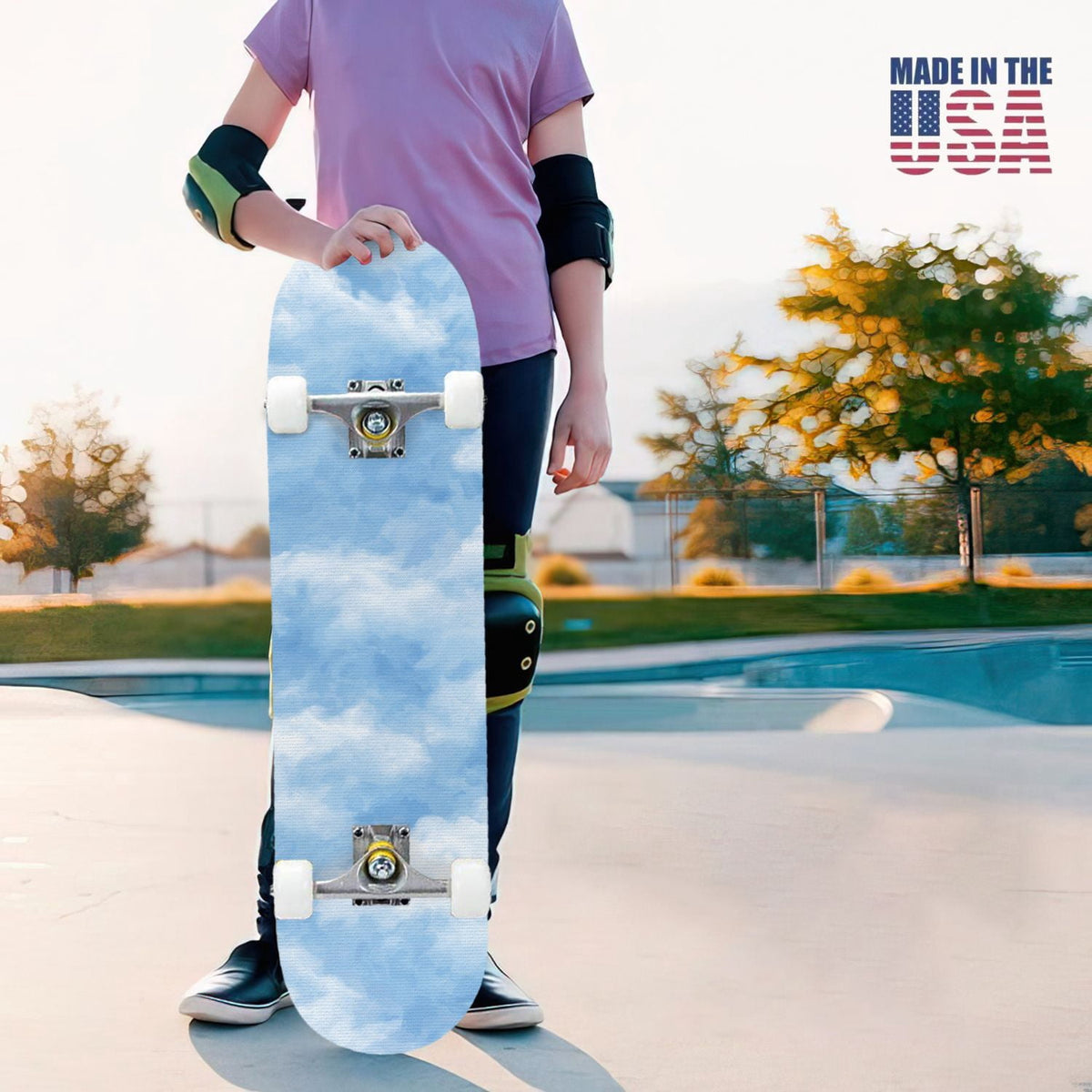 31"x8" Complete Skateboards for Beginners, Pastel Sky Fluffy Clouds Pink Purple Blue Summer Decor Double Kick 7 Ply Canadian Maple Deck Skateboard with Wheels, Gifts for Kids Teens