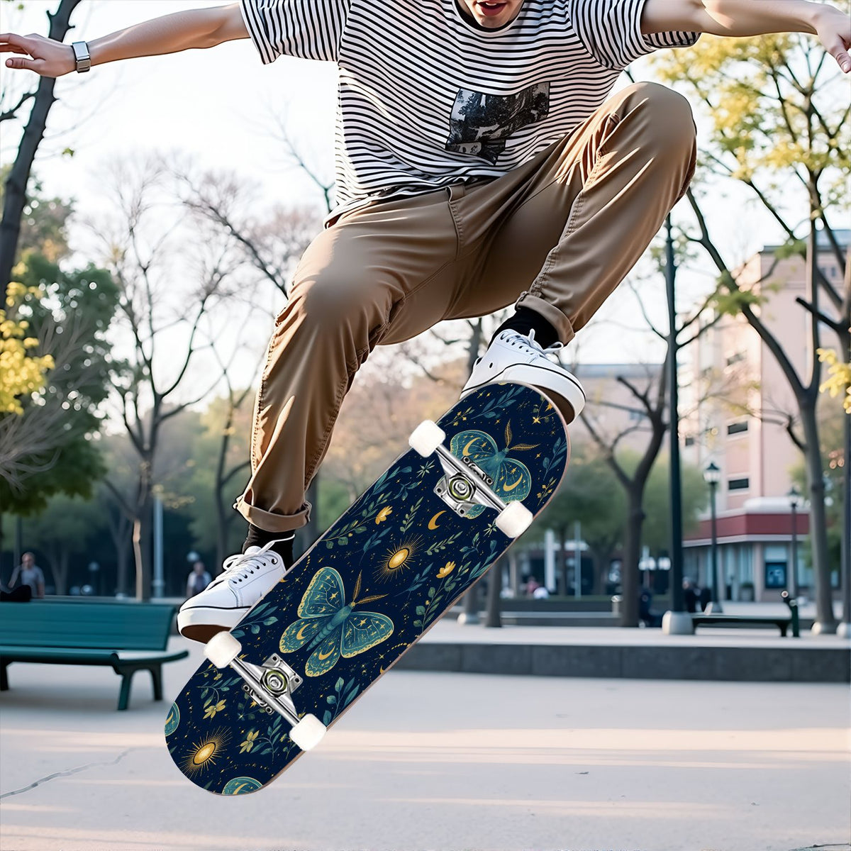 31"x8" Complete Skateboards for Beginners, Blue Moth Moonlight Flowers Mushrooms Forest Double Kick 7 Ply Canadian Maple Deck Skateboard with Wheels, Gifts for Kids Teens
