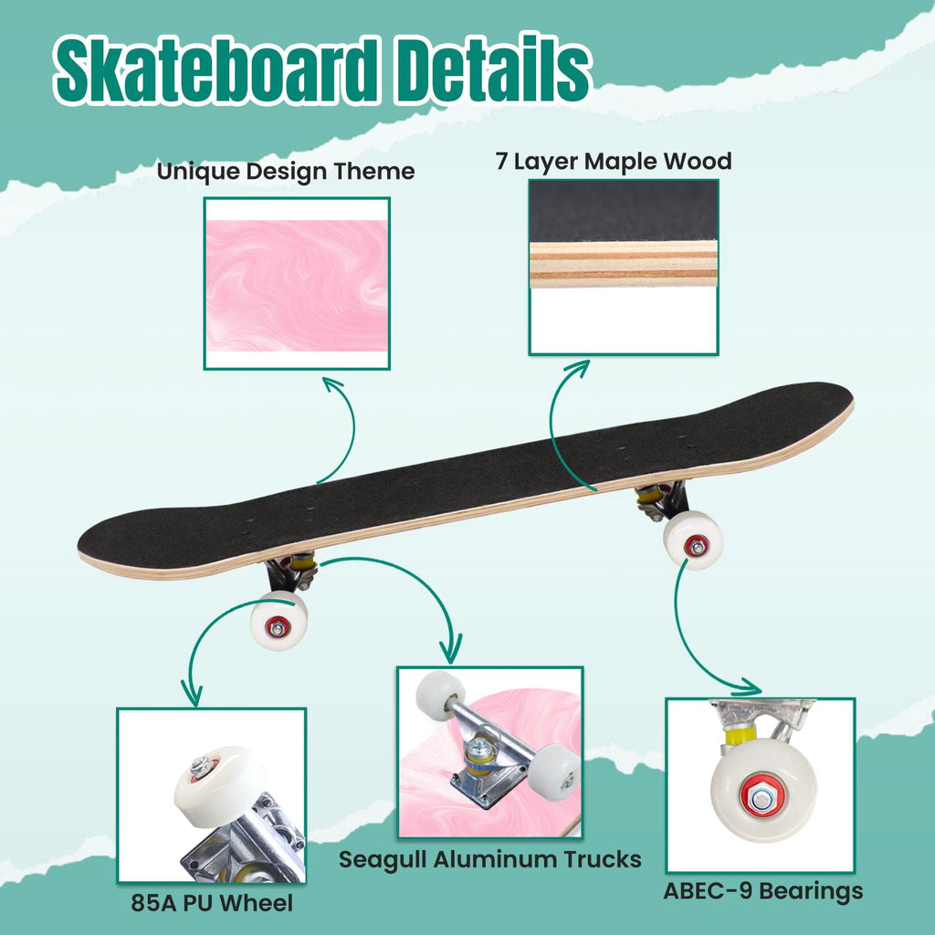 Pink Marble Fluid Abstract Design 31" x 8" Complete Skateboard, 7-Ply Canadian Maple Double Kick Trick Board for Kids and Beginners Adult Gifts