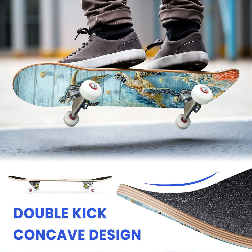 31"x8" Complete Skateboards for Beginners, Turquoise Flowers Teal Daisy Flower Butterfly Blue Romantic Double Kick 7 Ply Canadian Maple Deck Skateboard with Wheels, Gifts for Kids Teens