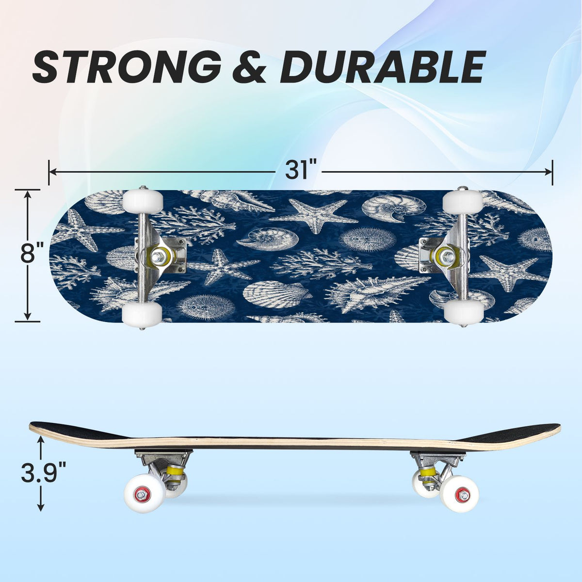 31"x8" Complete Skateboards for Beginners, Colorful Turtle Floral Shell Starry Night Marine Life Double Kick 7 Ply Canadian Maple Deck Skateboard with Wheels, Gifts for Kids Teens