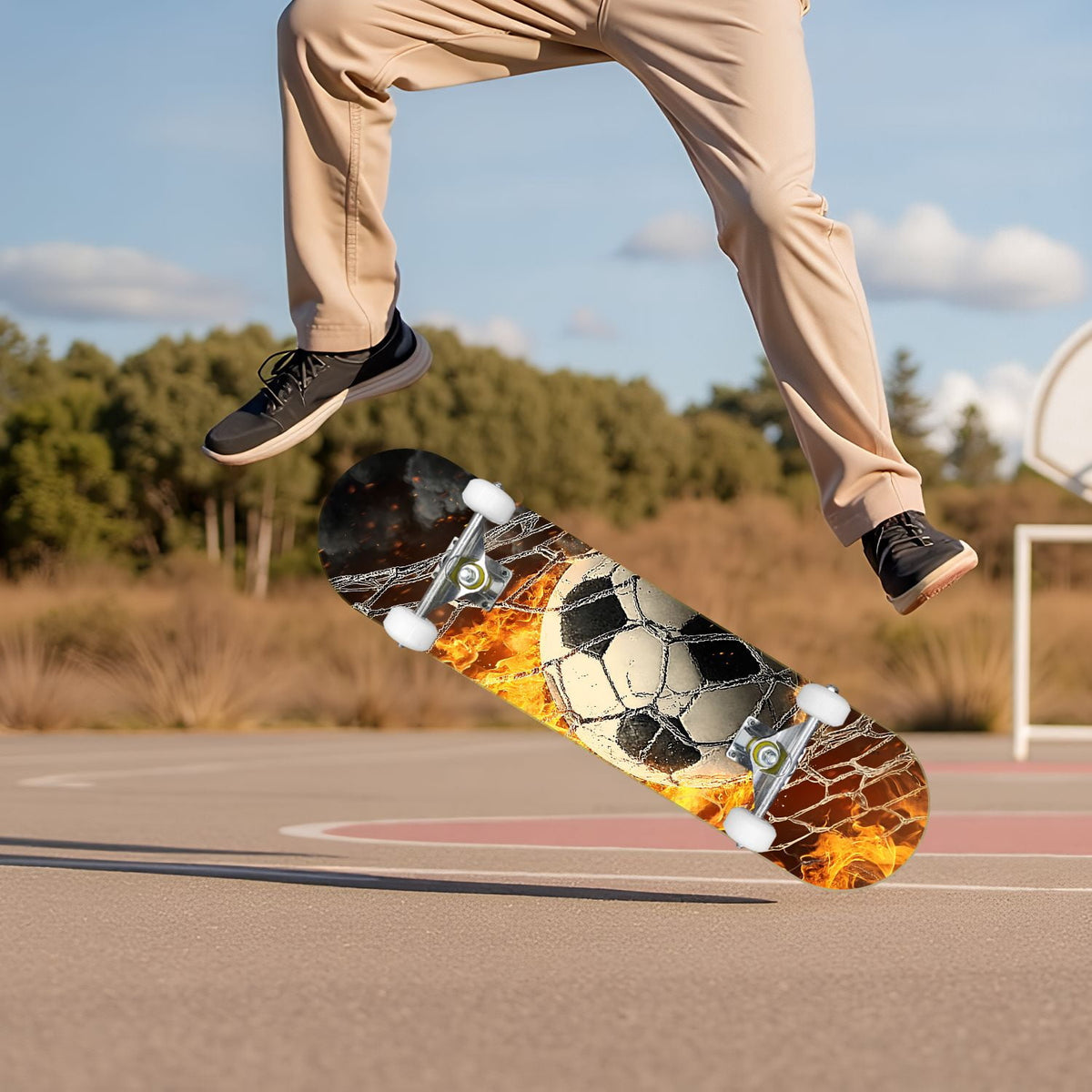Dynamic Soccer Ball Explosion Energy Effects Stadium 31" x 8" Complete Skateboard, 7-Ply Canadian Maple Double Kick Trick Board for Kids and Beginners Adult Gifts