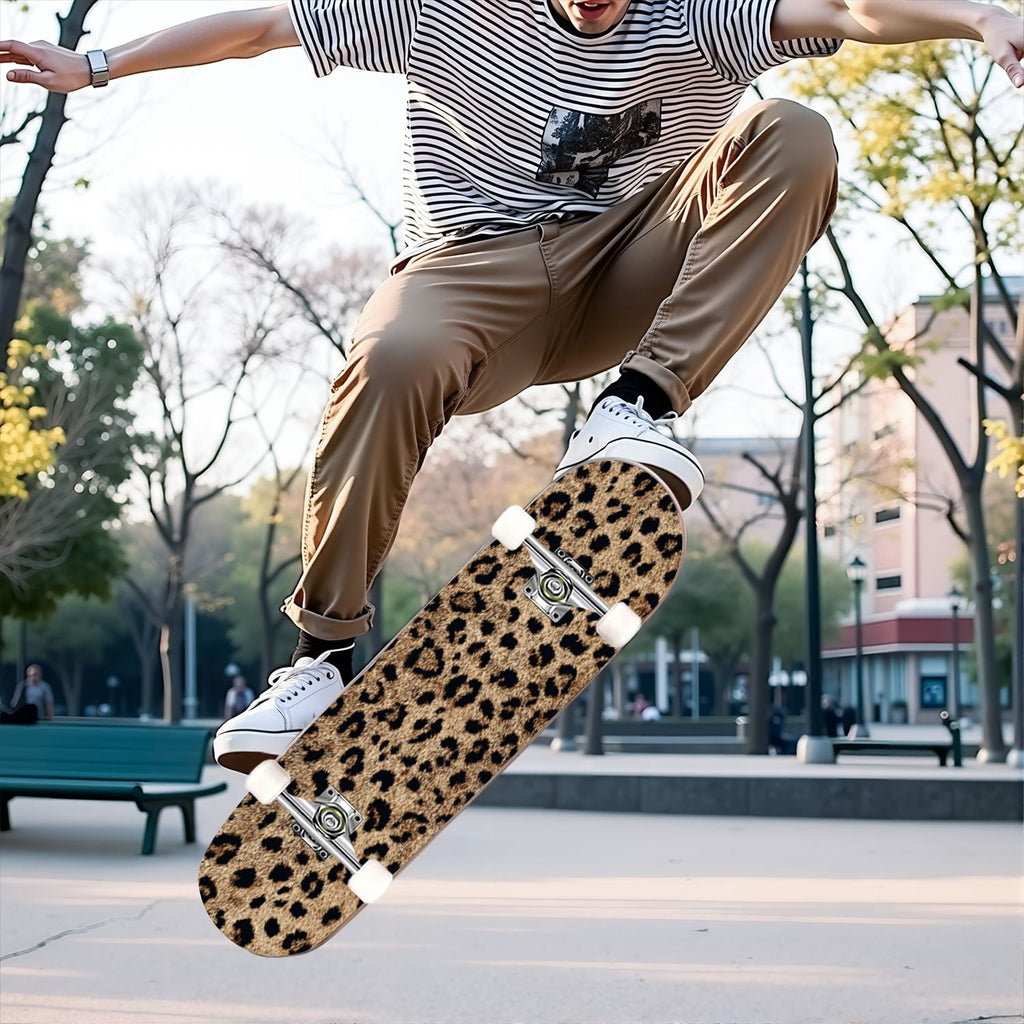 31"x8" Complete Skateboards for Beginners,Black Leopard Print Grey Double Kick 7 Ply Canadian Maple Deck Skateboard with Wheels, Gifts for Kids Teens