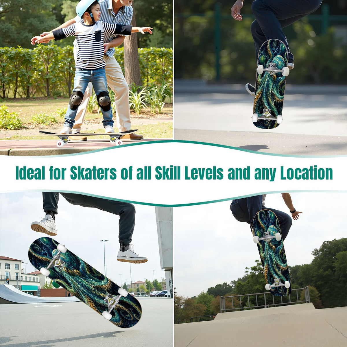31"x8" Complete Skateboards for Beginners, Colorful Underwater Two Seahorses Coral Reefs Double Kick 7 Ply Canadian Maple Deck Skateboard with Wheels, Gifts for Kids Teens