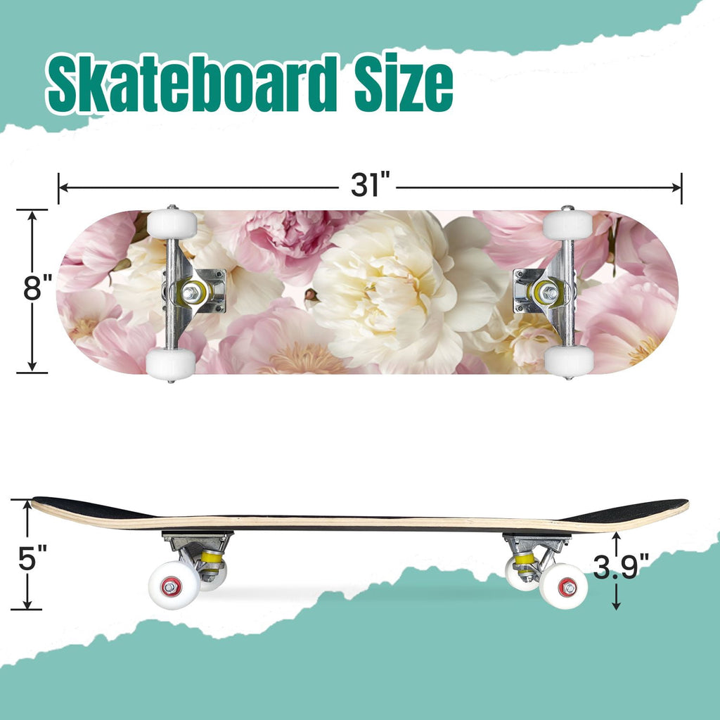 Watercolor Botanical Blue Green Leaves Flowers 31" x 8" Complete Skateboard, 7-Ply Canadian Maple Double Kick Trick Board for Kids and Beginners Adult Gifts