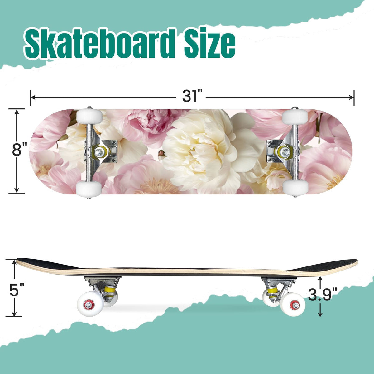 Watercolor Botanical Blue Green Leaves Flowers 31" x 8" Complete Skateboard, 7-Ply Canadian Maple Double Kick Trick Board for Kids and Beginners Adult Gifts