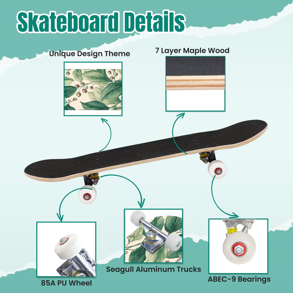 Botanical Floral Peonies Hummingbirds 31" x 8" Complete Skateboard, 7-Ply Canadian Maple Double Kick Trick Board for Kids and Beginners Adult Gifts