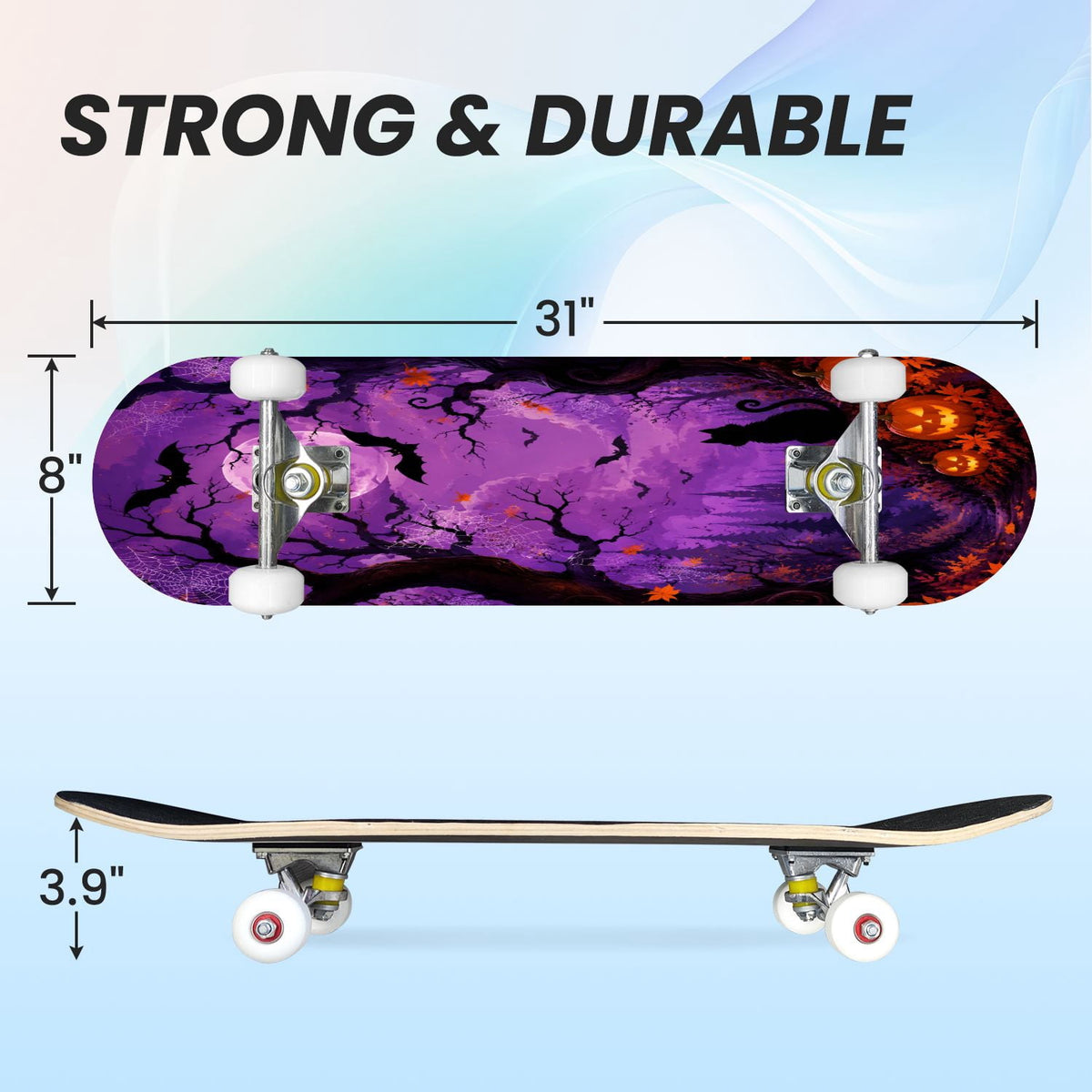31"x8" Complete Skateboards for Beginners,Halloween Forest Bats Black Cat Glowing Double Kick 7 Ply Canadian Maple Deck Skateboard with Wheels, Gifts for Kids Teens