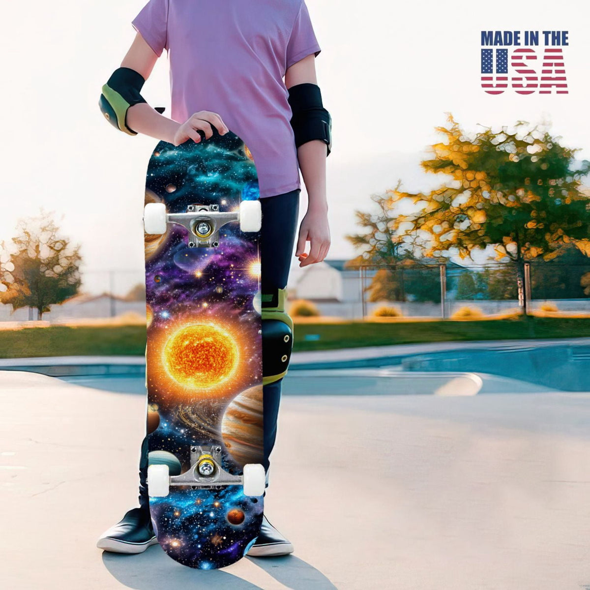 31"x8" Complete Skateboards for Beginners,Geometric Hexagon Glowing Neon Blue Purple Double Kick 7 Ply Canadian Maple Deck Skateboard with Wheels, Gifts for Kids Teens