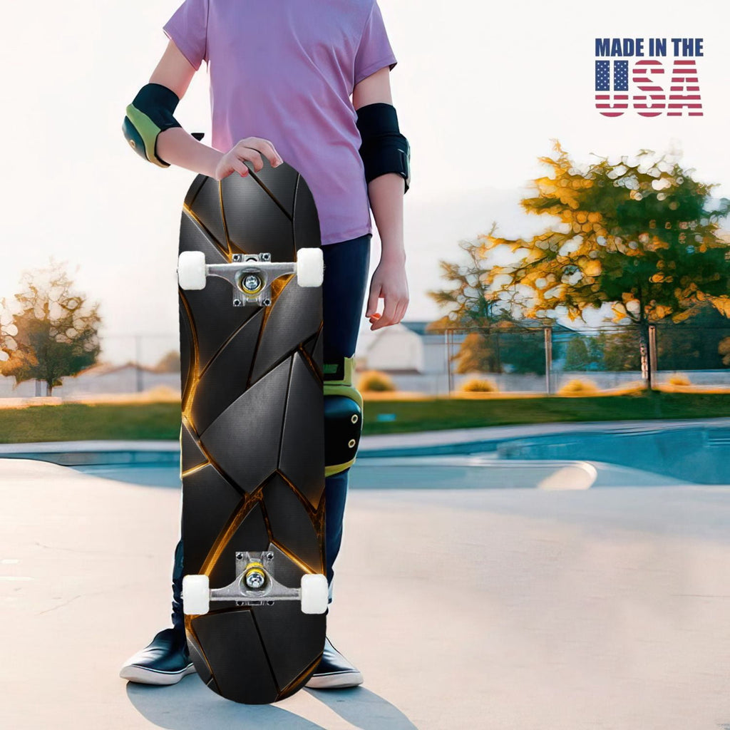 31"x8" Complete Skateboards for Beginners, Abstract Geometric Vibrant Neon Line Accents Dark Futuristic Double Kick 7 Ply Canadian Maple Deck Skateboard with Wheels, Gifts for Boys Teens