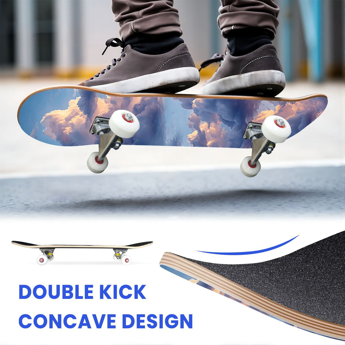 31"x8" Complete Skateboards for Beginners, Cute Light Blue Sky Cartoon Summer Decor Double Kick 7 Ply Canadian Maple Deck Skateboard with Wheels, Gifts for Kids Teens