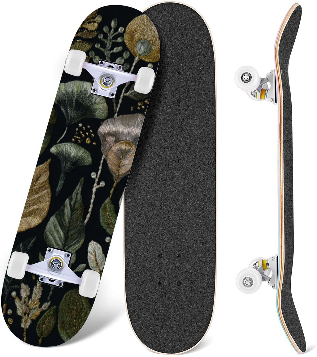 Botanical Embroidery Golden Green Leaves Black 31" x 8" Complete Skateboard, 7-Ply Canadian Maple Double Kick Trick Board for Kids and Beginners Adult Gifts