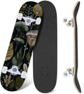 Botanical Embroidery Golden Green Leaves Black 31" x 8" Complete Skateboard, 7-Ply Canadian Maple Double Kick Trick Board for Kids and Beginners Adult Gifts