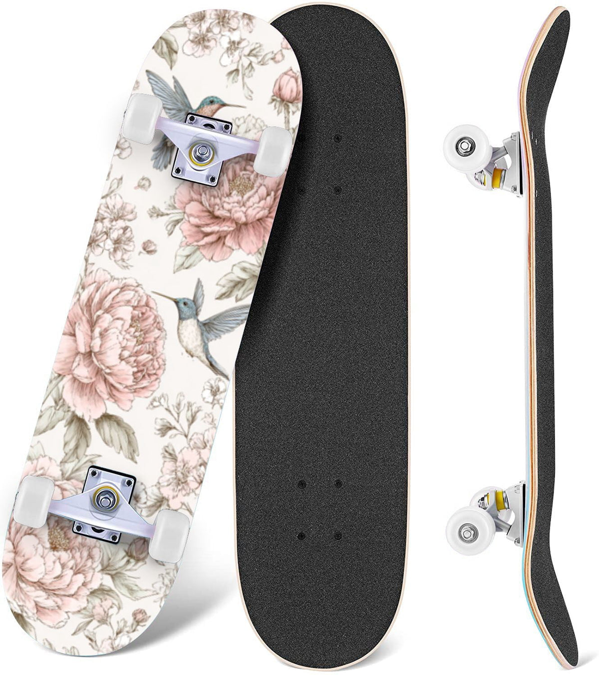 Botanical Floral Peonies Hummingbirds 31" x 8" Complete Skateboard, 7-Ply Canadian Maple Double Kick Trick Board for Kids and Beginners Adult Gifts