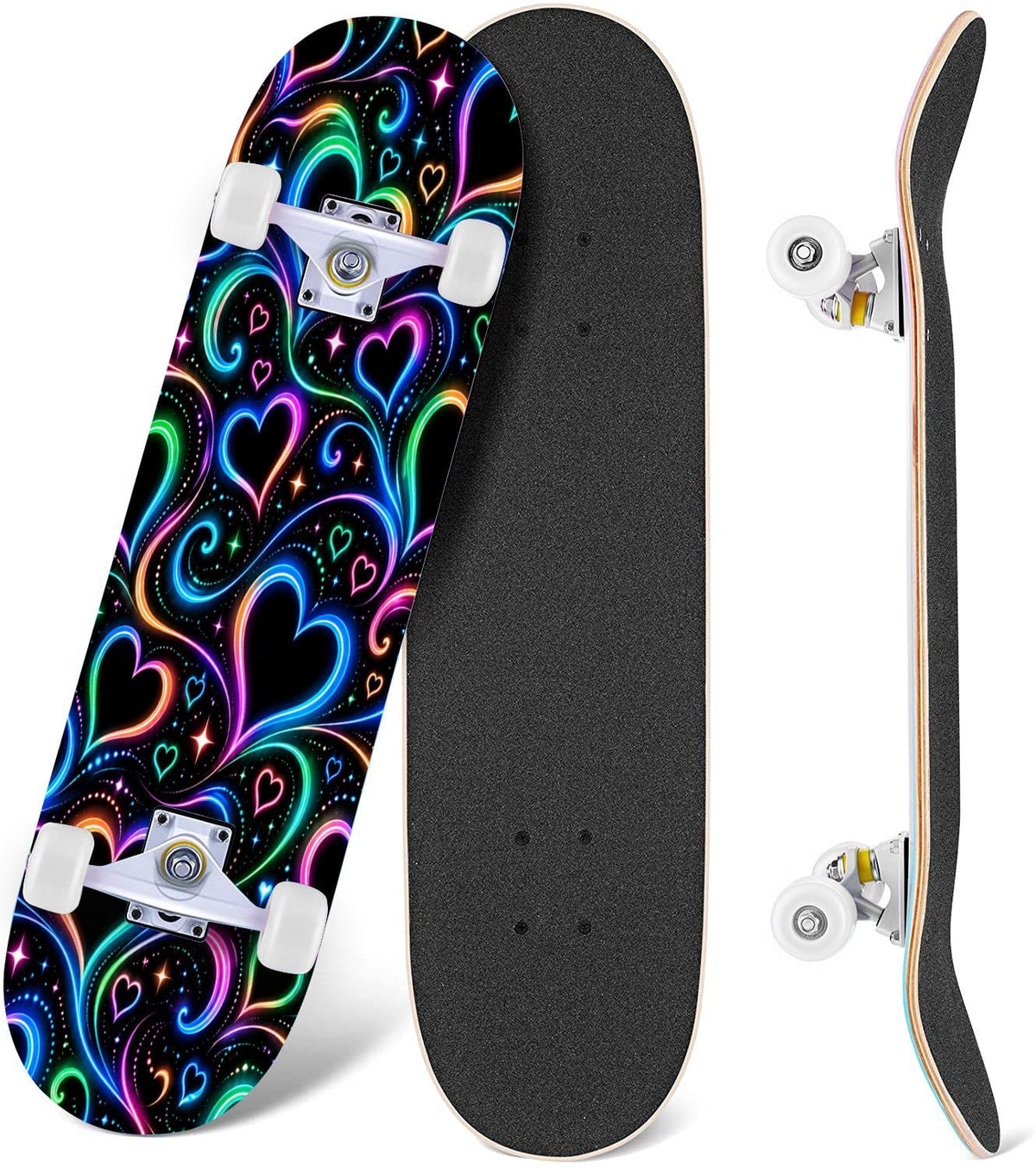 Complete Skateboard Colorful Heart Swirls 31 Inch 7-Ply Maple Skateboard with PU Wheels and Aluminum Trucks, Ready-to-Ride Skateboard for Beginners, Teens and Adults