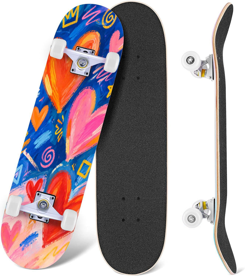 Complete Skateboard Colorful Hearts 31 Inch 7-Ply Maple Skateboard with PU Wheels and Aluminum Trucks, Ready-to-Ride Skateboard for Beginners, Teens and Adults