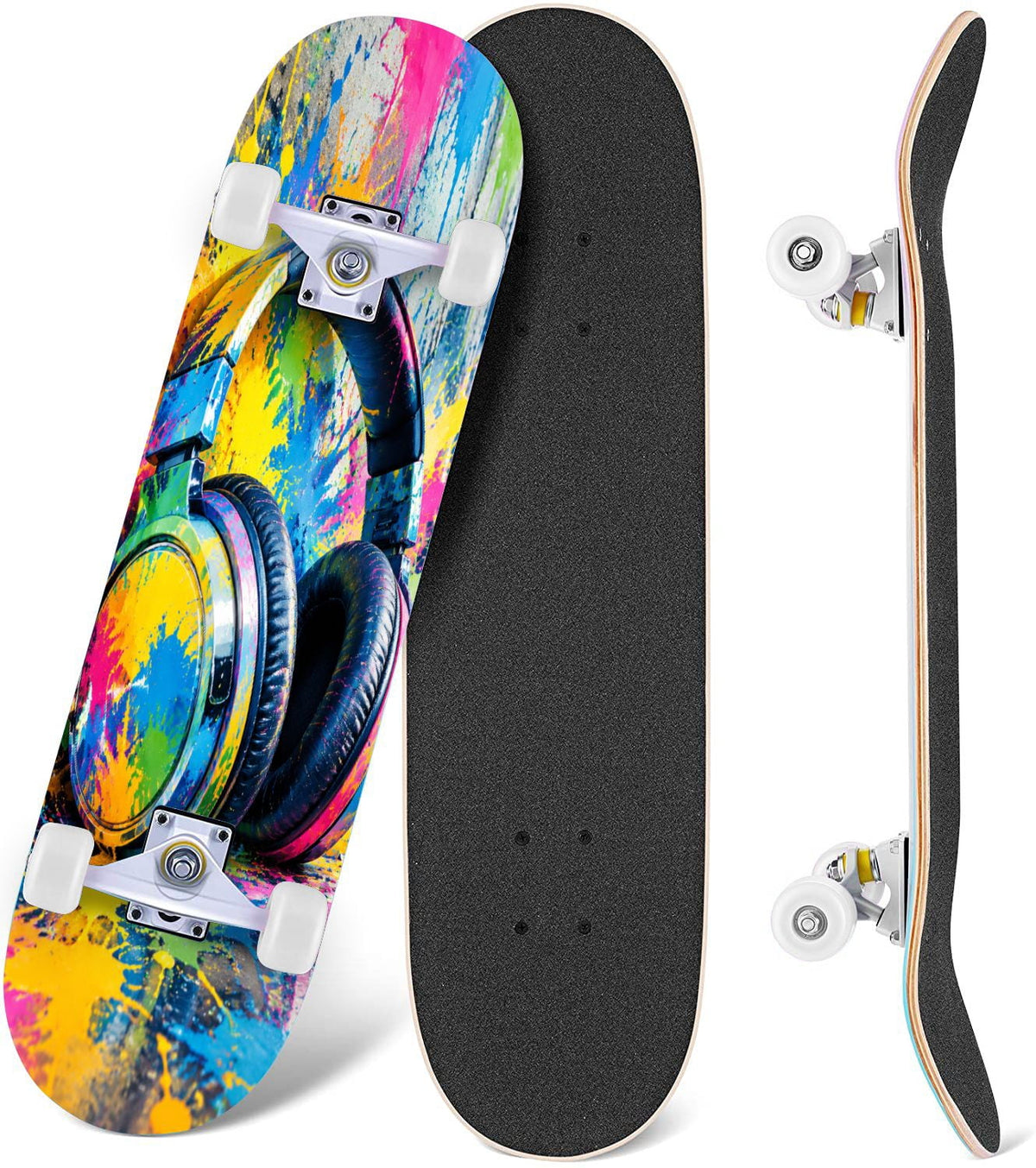 Complete Skateboard Colorful Splash Art Headphones 31 Inch 7-Ply Maple Skateboard with PU Wheels and Aluminum Trucks, Ready-to-Ride Skateboard for Beginners, Teens and Adults