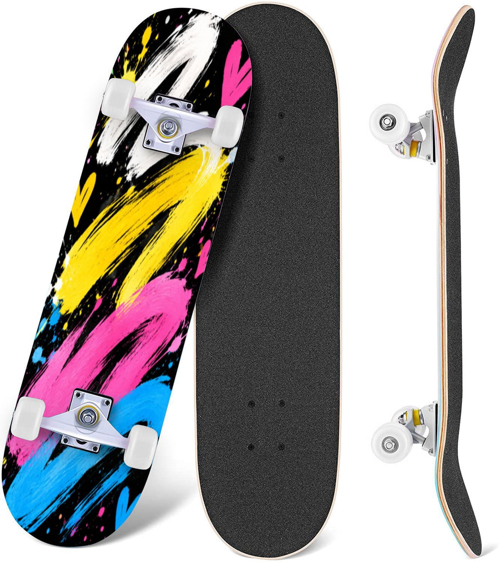 Complete Skateboard Vibrant Brush Stroke Art 31 Inch 7-Ply Maple Skateboard with PU Wheels and Aluminum Trucks, Ready-to-Ride Skateboard for Beginners, Teens and Adults