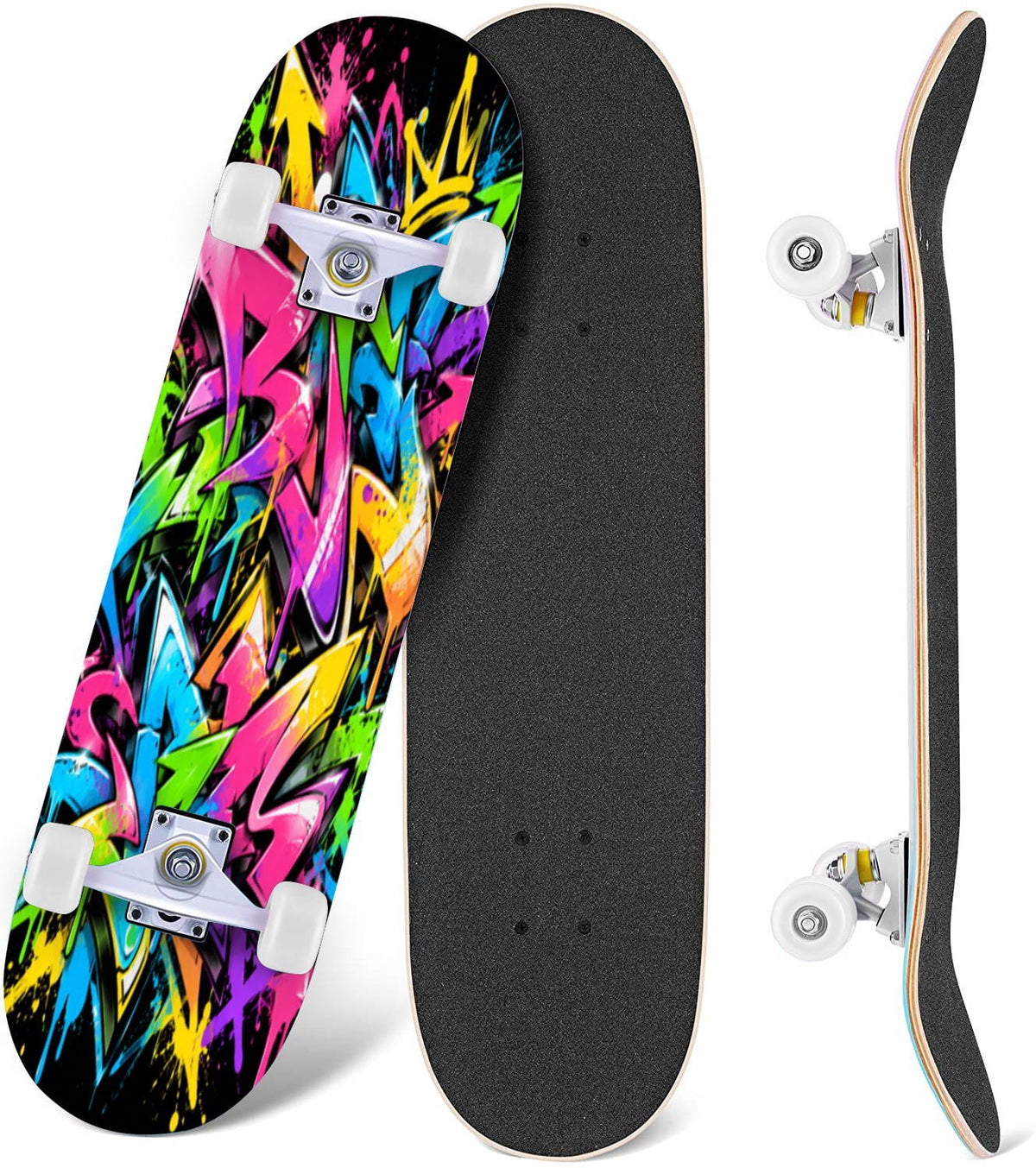 Complete Skateboard Vibrant Multicolored Abstract 31 Inch 7-Ply Maple Skateboard with PU Wheels and Aluminum Trucks, Ready-to-Ride Skateboard for Beginners, Teens and Adults