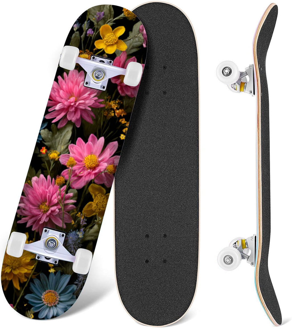 Dark Floral Wildflower Pink Yellow Blue Blooms 31" x 8" Complete Skateboard, 7-Ply Canadian Maple Double Kick Trick Board for Kids and Beginners Adult Gifts