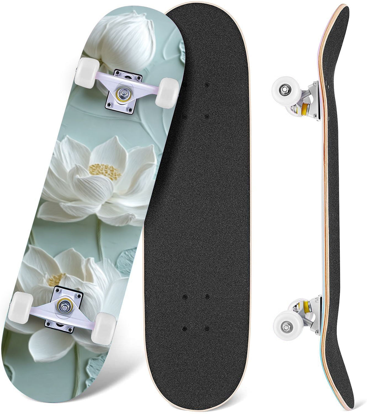 Delicate White Lotus Flowers Leaves Soft Blue 31" x 8" Complete Skateboard, 7-Ply Canadian Maple Double Kick Trick Board for Kids and Beginners Adult Gifts
