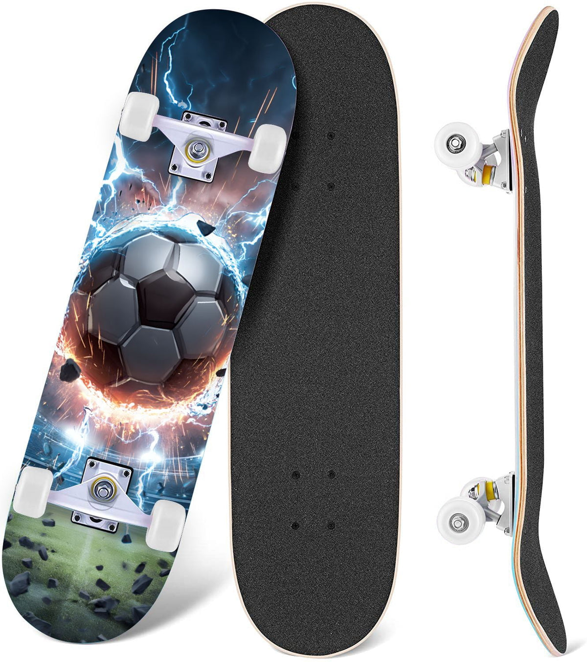 Dynamic Soccer Ball Explosion Energy Effects Stadium 31" x 8" Complete Skateboard, 7-Ply Canadian Maple Double Kick Trick Board for Kids and Beginners Adult Gifts