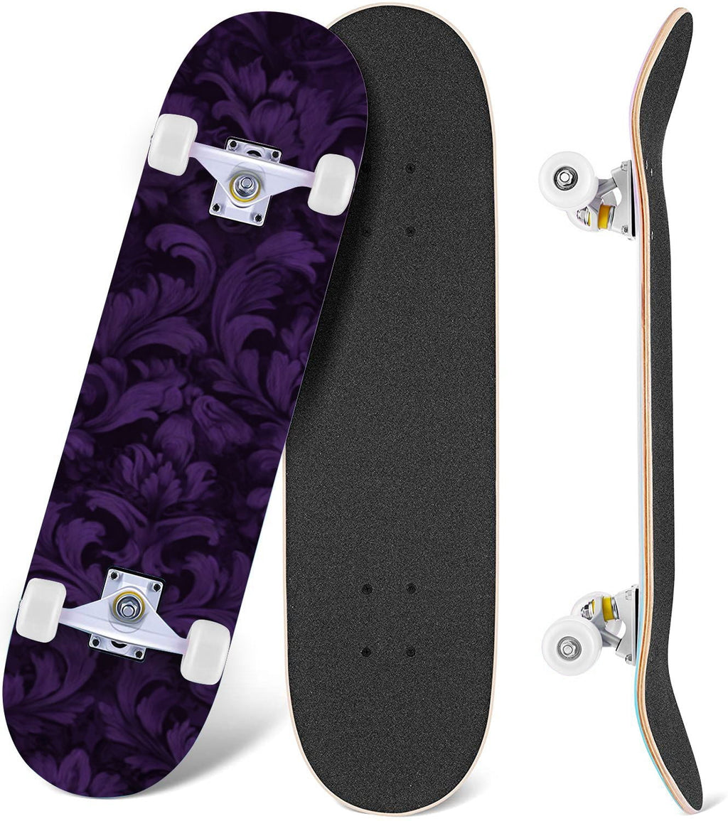 Elegant Purple Damask 31" x 8" Complete Skateboard, 7-Ply Canadian Maple Double Kick Trick Board for Kids and Beginners Adult Gifts