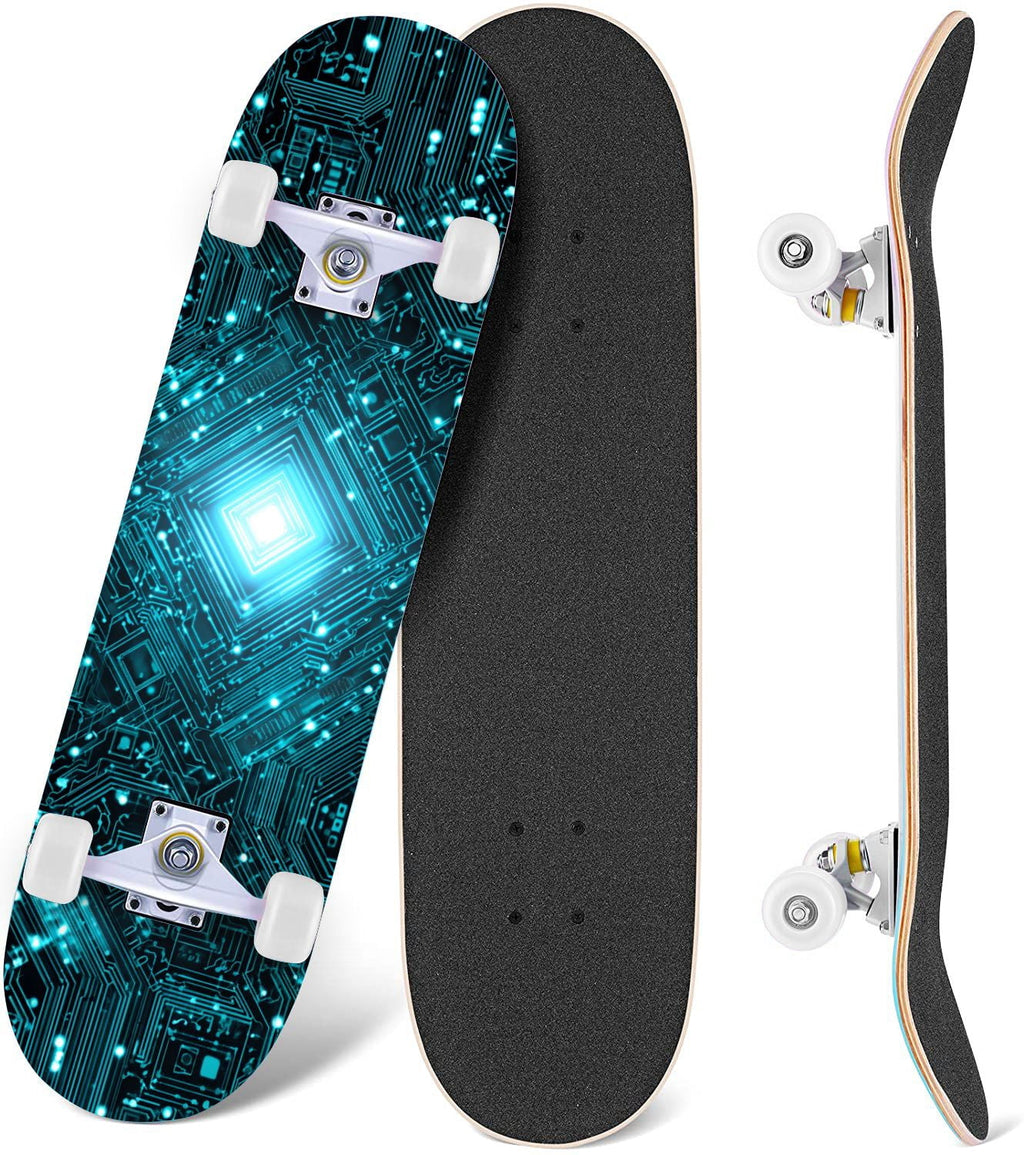 Futuristic Blue Abstract Technology Glowing Core 31" x 8" Complete Skateboard, 7-Ply Canadian Maple Double Kick Trick Board for Kids and Beginners Adult Gifts
