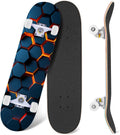 Futuristic Hexagonal Metallic Blue Glowing Orange Highlights 31" x 8" Complete Skateboard, 7-Ply Canadian Maple Double Kick Trick Board for Kids and Beginners Adult Gifts