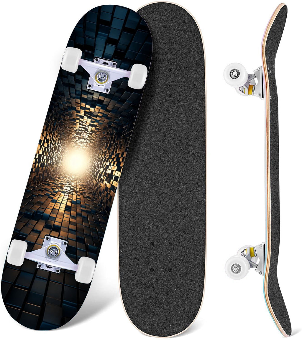 Glowing Futuristic Cubic Tunnel Metallic Tiles Bright Light 31" x 8" Complete Skateboard, 7-Ply Canadian Maple Double Kick Trick Board for Kids and Beginners Adult Gifts
