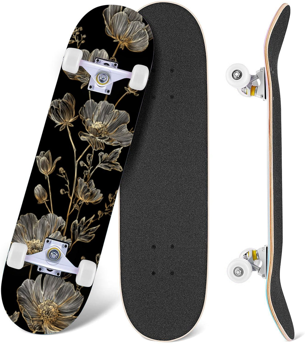 Golden Floral Line Art Seamless 31" x 8" Complete Skateboard, 7-Ply Canadian Maple Double Kick Trick Board for Kids and Beginners Adult Gifts