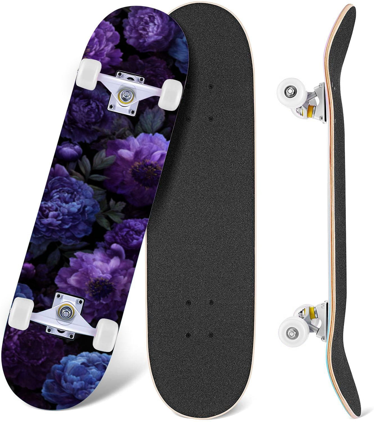 Gothic Purple Blue Floral Dark 31" x 8" Complete Skateboard, 7-Ply Canadian Maple Double Kick Trick Board for Kids and Beginners Adult Gifts