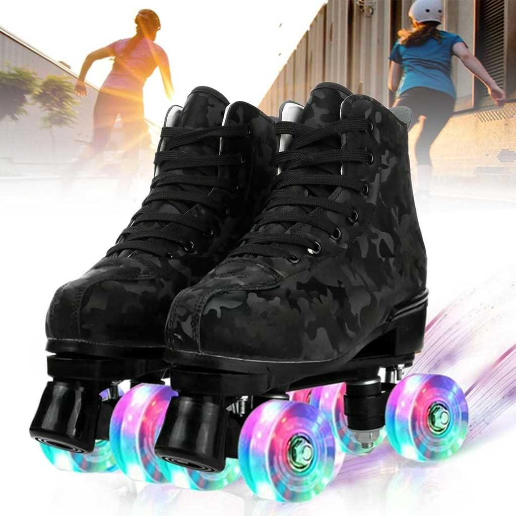 JieC Roller Skates, Adjustable Roller Skates with Glowing Wheels, for Girls, Teenagers, Black (Women‘s 9.5 / Men‘s 8.5)