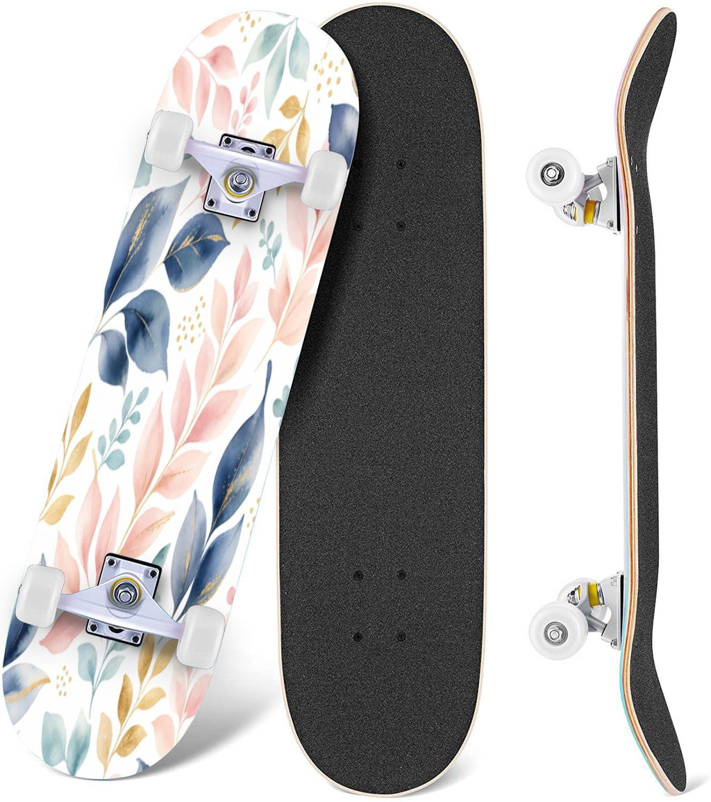 Modern Botanical Watercolor Pink Gold Mint Navy Leaves 31" x 8" Complete Skateboard, 7-Ply Canadian Maple Double Kick Trick Board for Kids and Beginners Adult Gifts