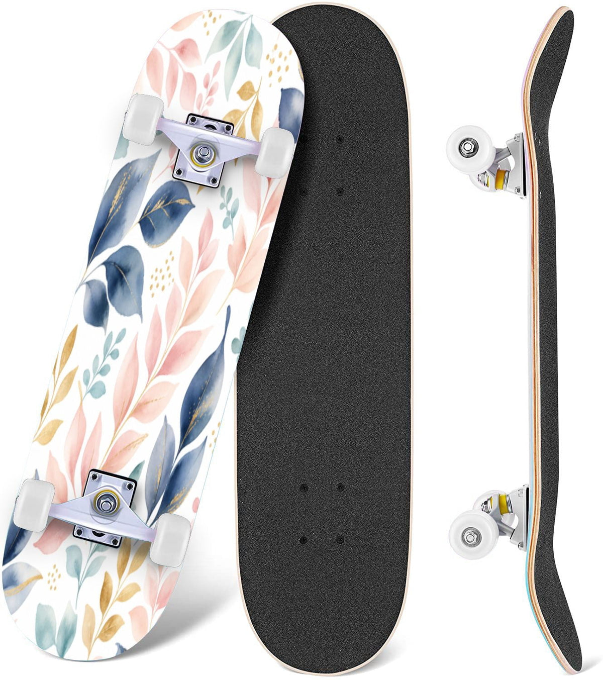 Modern Botanical Watercolor Pink Gold Mint Navy Leaves 31" x 8" Complete Skateboard, 7-Ply Canadian Maple Double Kick Trick Board for Kids and Beginners Adult Gifts