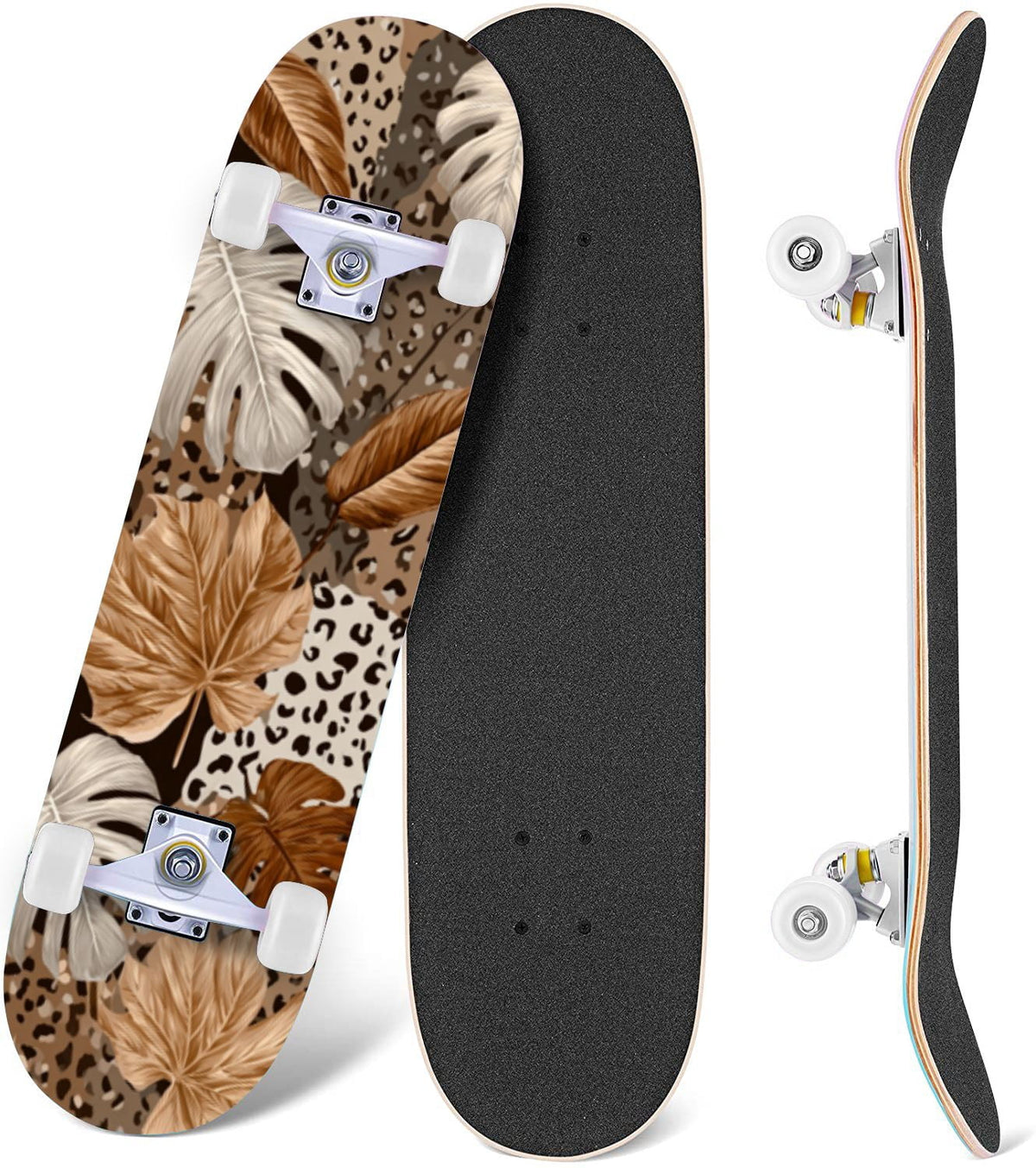 Monstera Leaves Leopard Print Seamless Earth Tones 31" x 8" Complete Skateboard, 7-Ply Canadian Maple Double Kick Trick Board for Kids and Beginners Adult Gifts