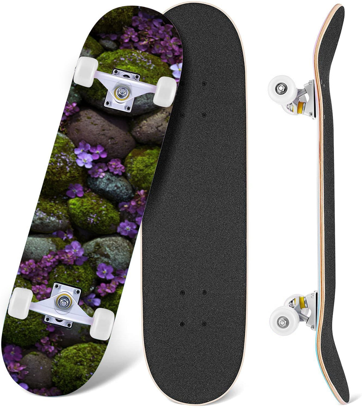 Moss Purple Flowers Rocky Ground 31" x 8" Complete Skateboard, 7-Ply Canadian Maple Double Kick Trick Board for Kids and Beginners Adult Gifts