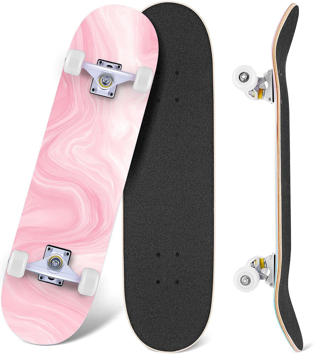 Pink Marble Fluid Abstract Design 31" x 8" Complete Skateboard, 7-Ply Canadian Maple Double Kick Trick Board for Kids and Beginners Adult Gifts