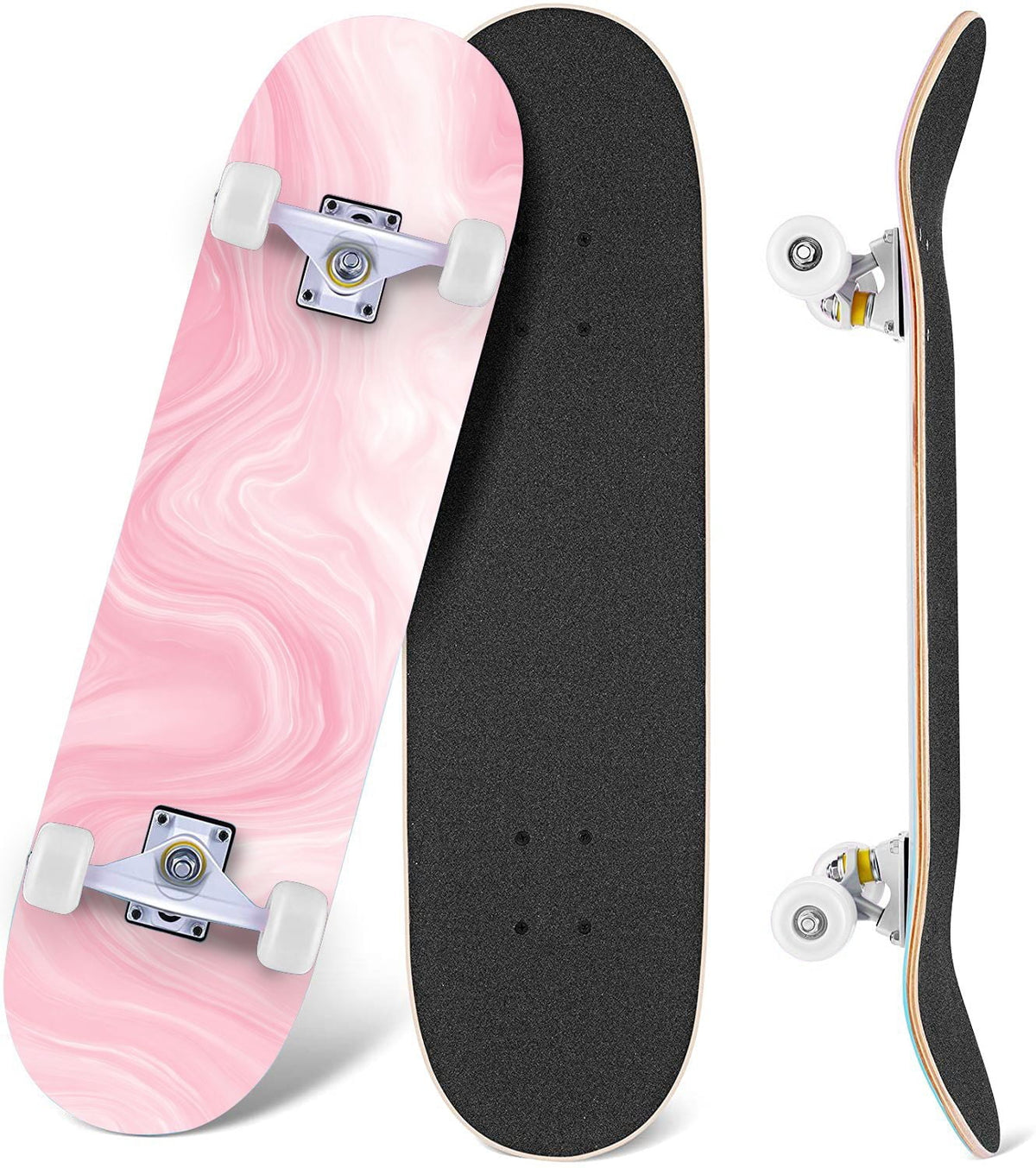 Pink Marble Fluid Abstract Design 31" x 8" Complete Skateboard, 7-Ply Canadian Maple Double Kick Trick Board for Kids and Beginners Adult Gifts