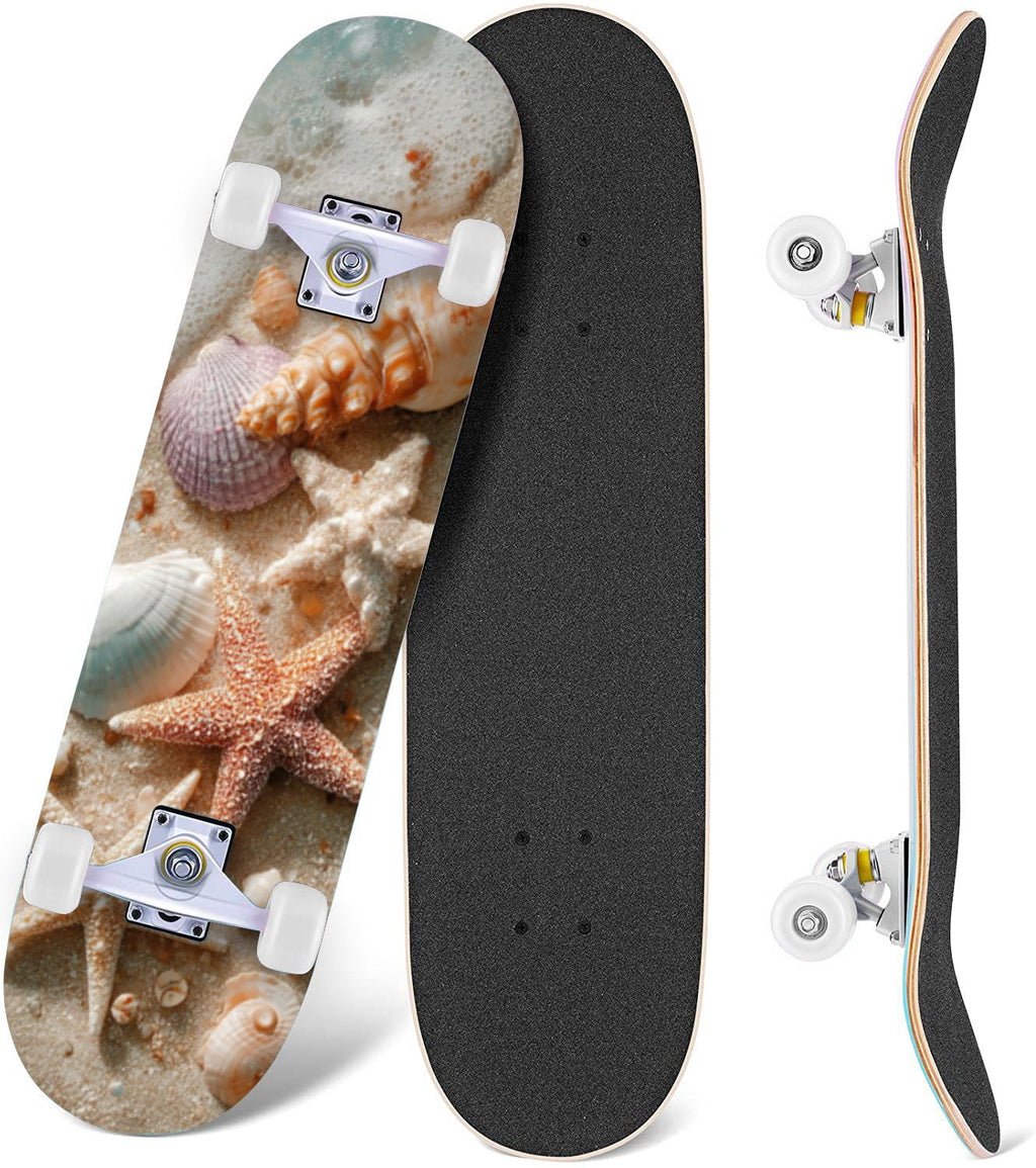 Seashells Starfish Sandy Beach Soft Lighting 31" x 8" Complete Skateboard, 7-Ply Canadian Maple Double Kick Trick Board for Kids and Beginners Adult Gifts