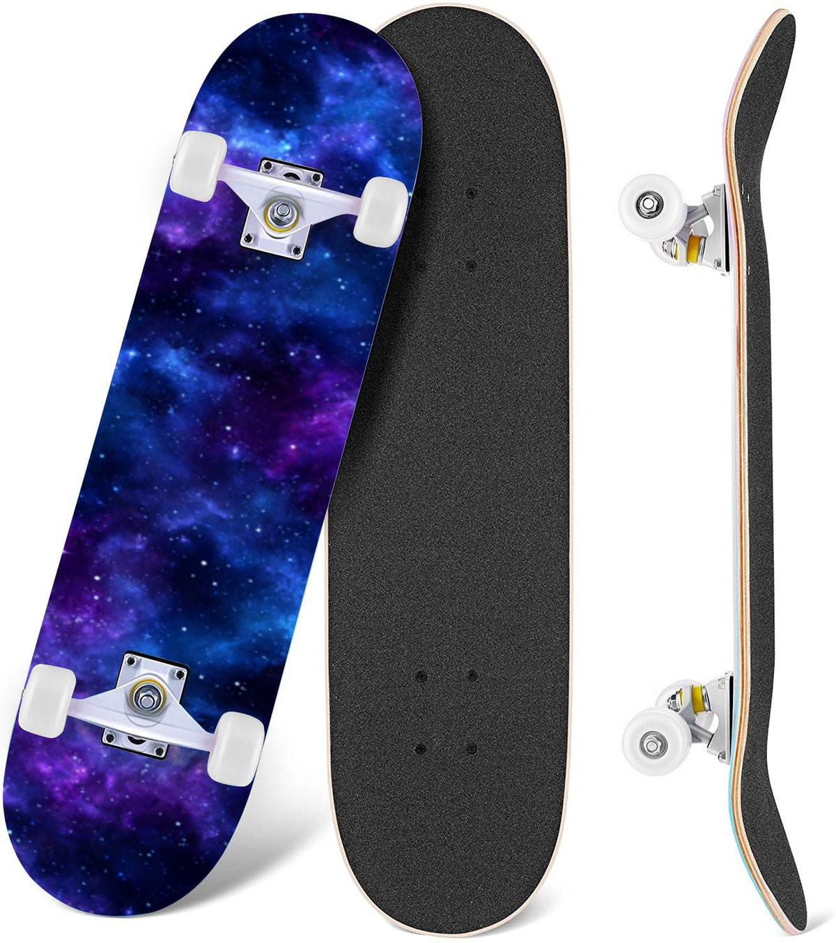 Vibrant Purple Blue Cosmic Galaxy Stars Nebula Clouds 31" x 8" Complete Skateboard, 7-Ply Canadian Maple Double Kick Trick Board for Kids and Beginners Adult Gifts