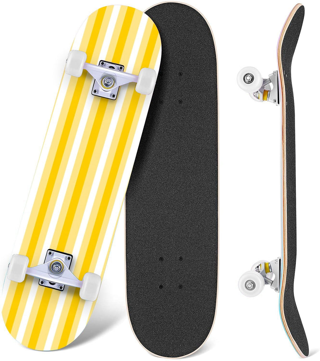 Yellow White Vertical Striped Soft Gradient Lines Minimalist Design 31" x 8" Complete Skateboard, 7-Ply Canadian Maple Double Kick Trick Board for Kids and Beginners Adult Gifts