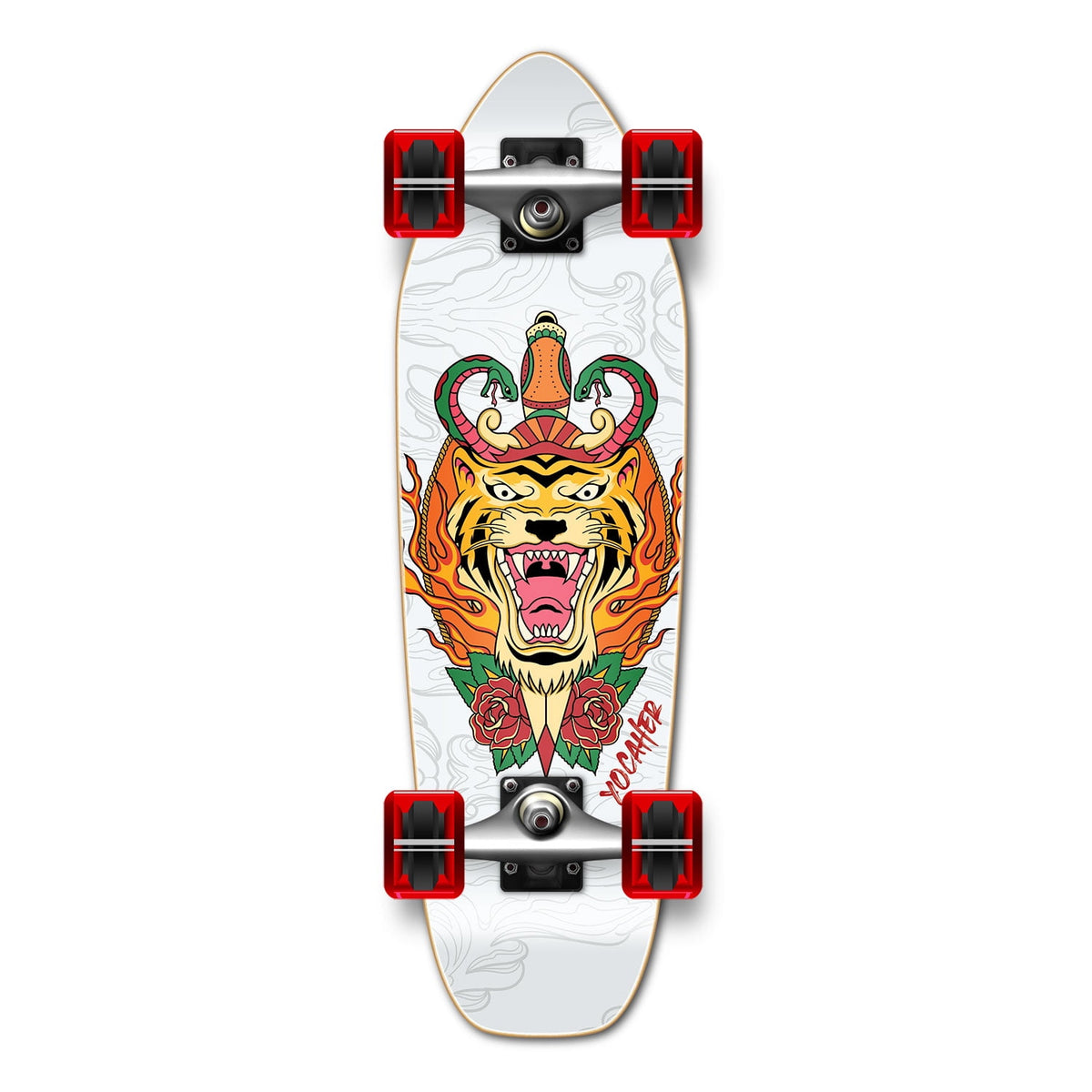 Yocaher Complete Mini Cruiser Graphic Longborad skateboard 27“ x 8" - Flaming Tiger