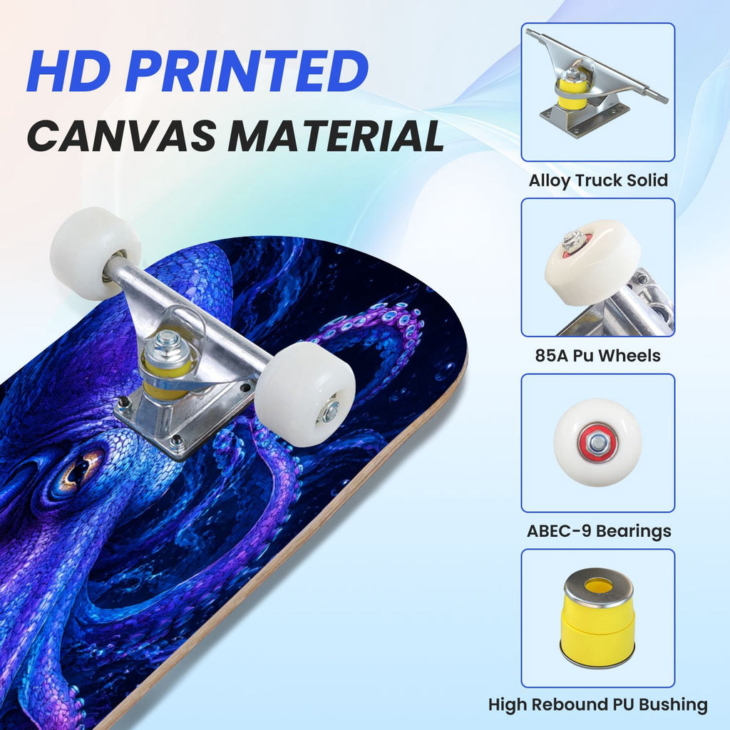 31"x8" Complete Skateboards for Beginners, Colorful Cosmic Octopus Tentacles Starry Marine Life Double Kick 7 Ply Canadian Maple Deck Skateboard with Wheels, Gifts for Kids Teens