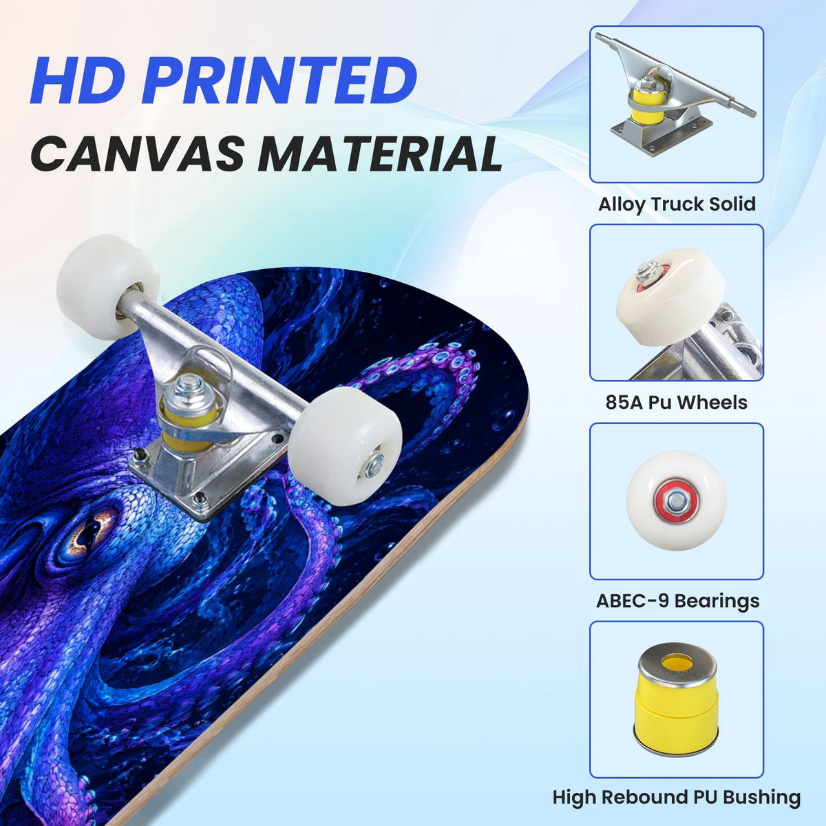 31"x8" Complete Skateboards for Beginners, Colorful Cosmic Octopus Tentacles Starry Marine Life Double Kick 7 Ply Canadian Maple Deck Skateboard with Wheels, Gifts for Kids Teens