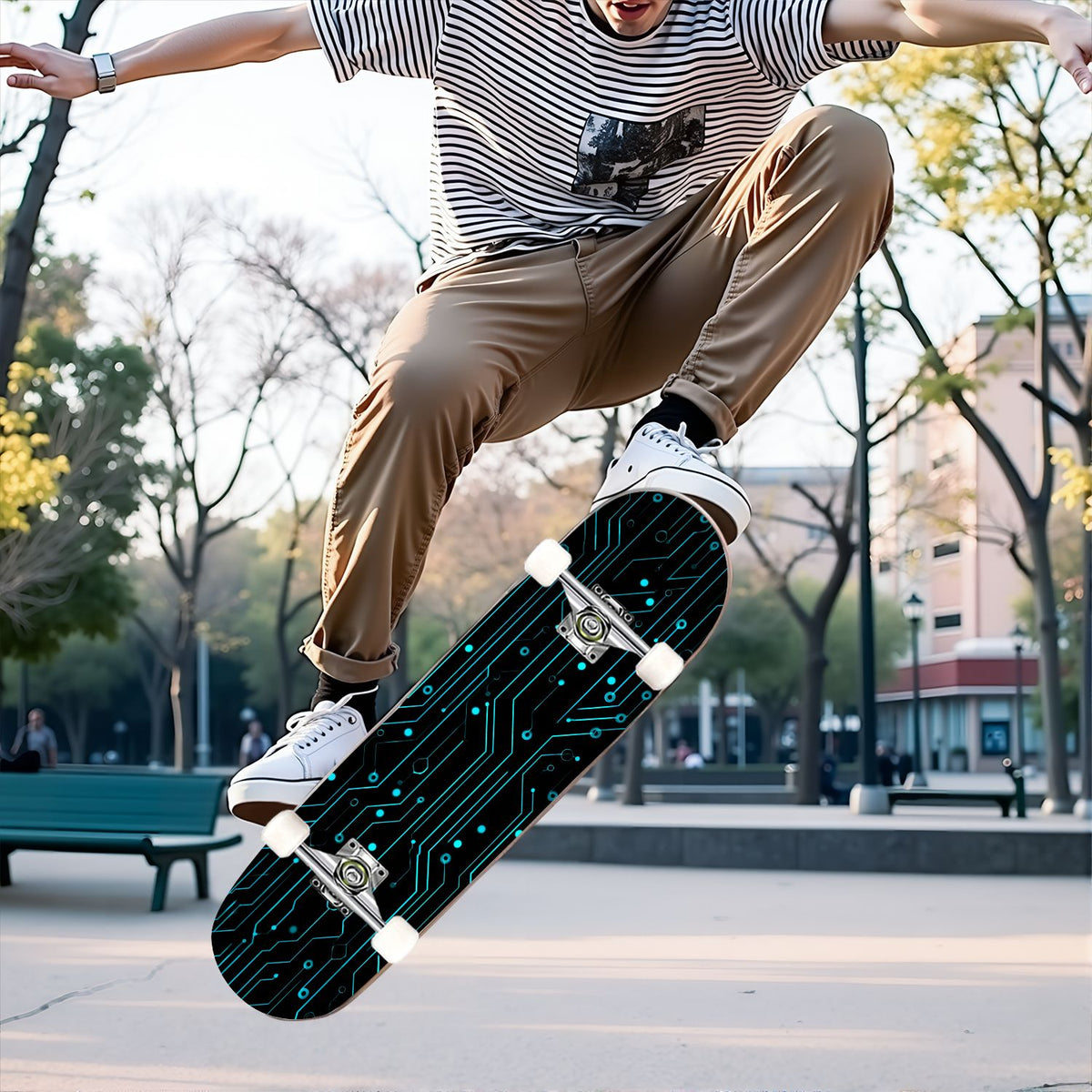 31"x8" Complete Skateboards for Beginners,Hexagon neon blue glow futuristic Double Kick 7 Ply Canadian Maple Deck Skateboard with Wheels, Gifts for Kids Teens