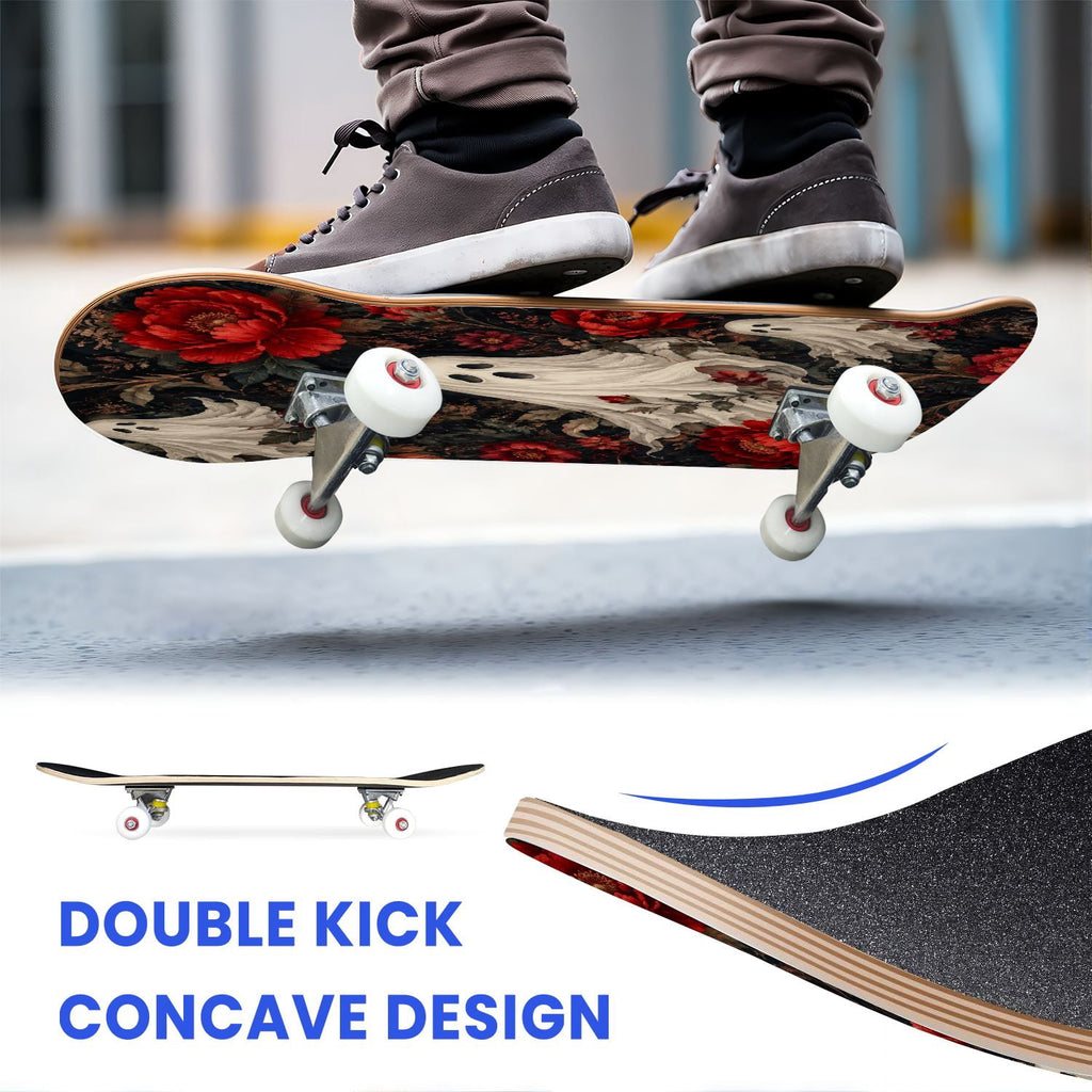 31"x8" Complete Skateboards for Beginners,Halloween Themed Pumpkins Witch Hats Spooky Double Kick 7 Ply Canadian Maple Deck Skateboard with Wheels, Gifts for Kids Teens
