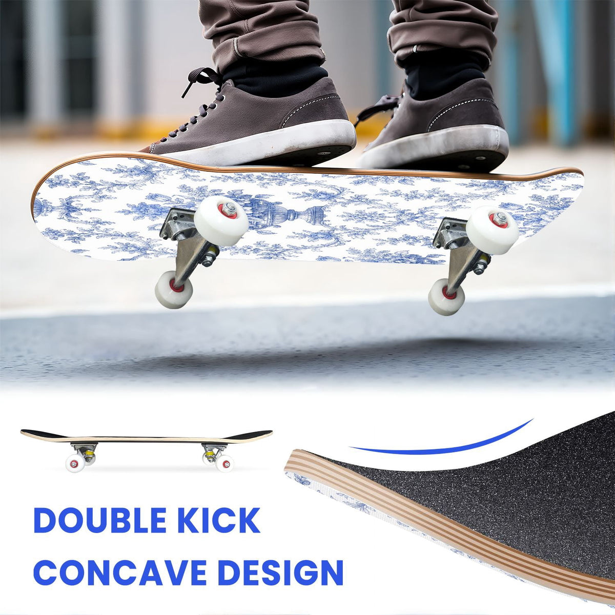 31"x8" Complete Skateboards for Beginners,Blue Botanical Leaf White Double Kick 7 Ply Canadian Maple Deck Skateboard with Wheels, Gifts for Kids Teens