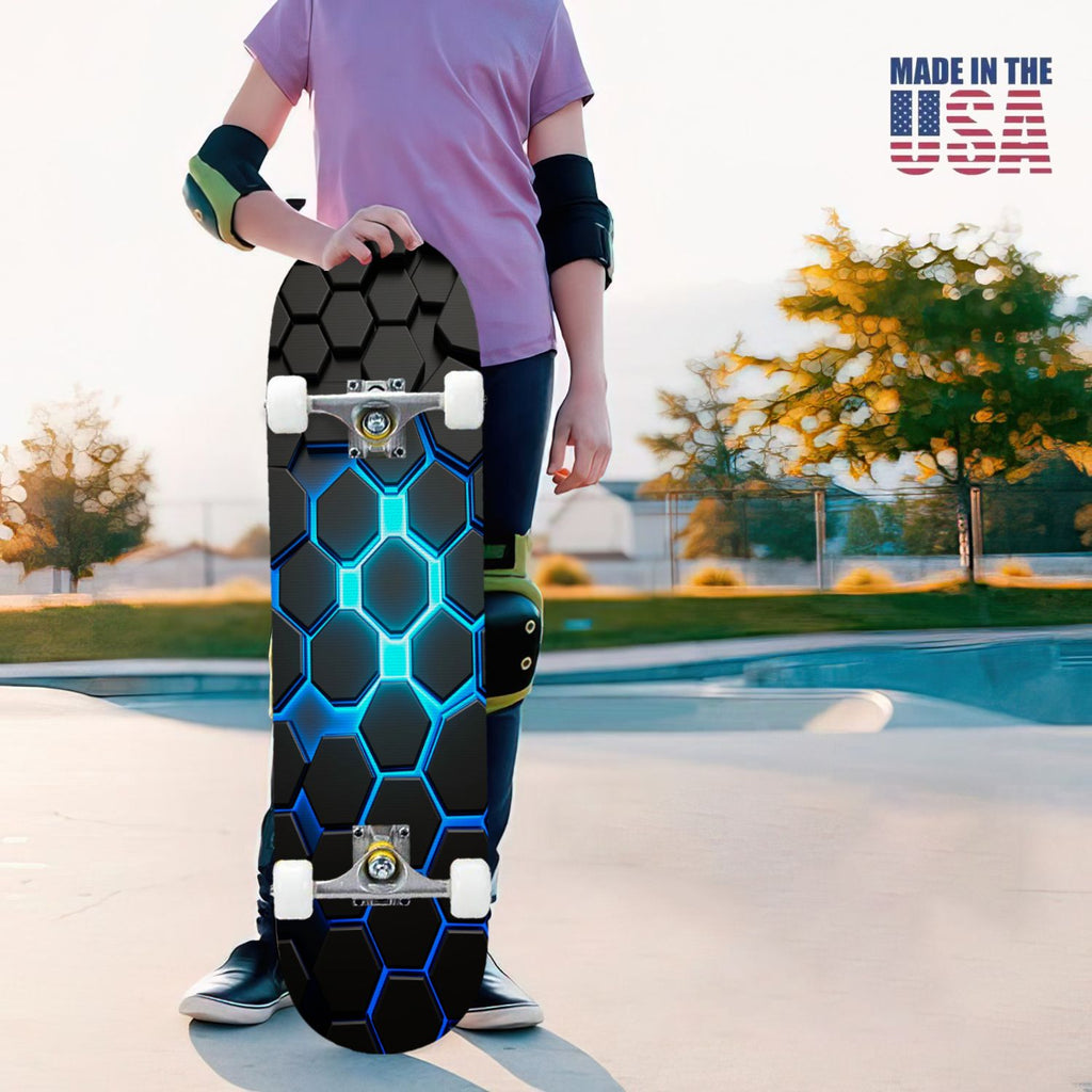 31"x8" Complete Skateboards for Beginners, Abstract Black Hexagon Honeycomb Glowing Blue Neon Geometric Double Kick 7 Ply Canadian Maple Deck Skateboard with Wheels, Gifts for Kids Teens